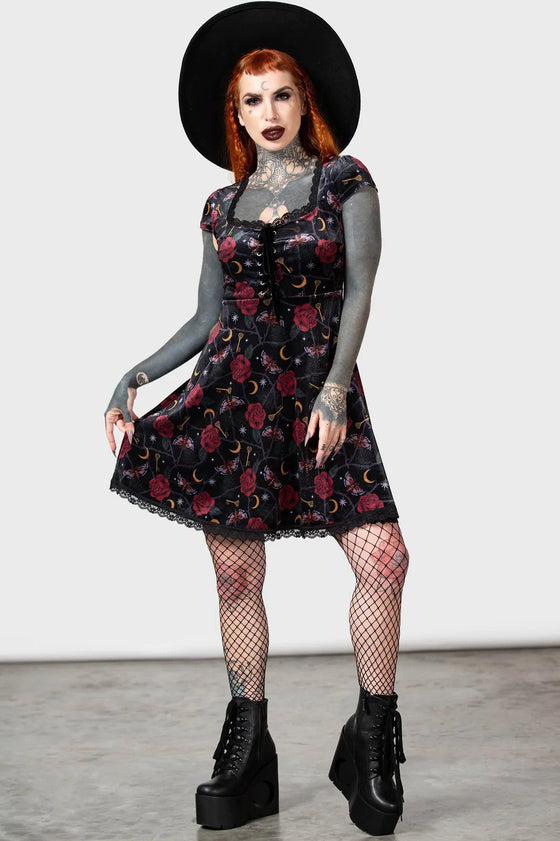 Killstar Morgaine Dress in Print Velvet with Lace-up Bust Detail