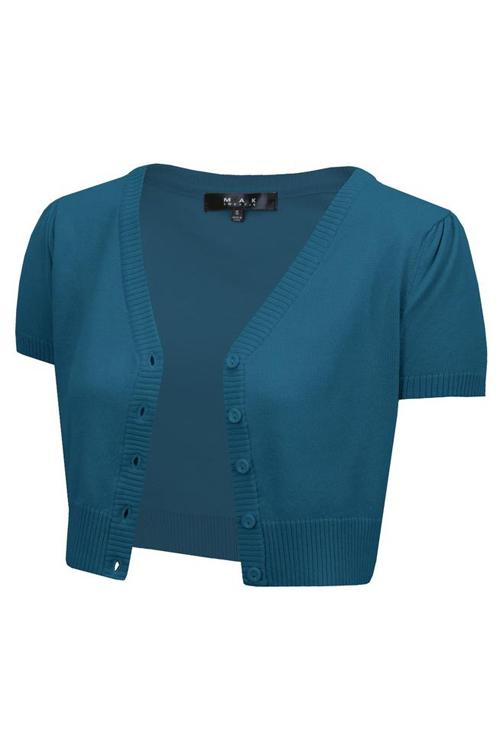 MAK Sweaters Cropped Cardigan with Short Sleeves in Teal Blue