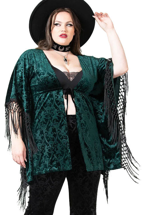 Killstar Mythic Mind Velvet Kimono in Emerald Green Festival Ready Unicorns