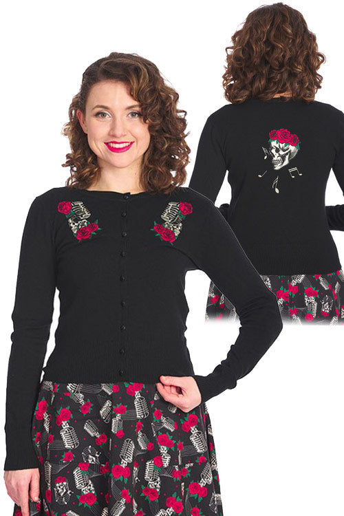 Banned Nashville Singing Rose Vintage Inspired Embroidered Cardigan in Black with Microphone Detailing