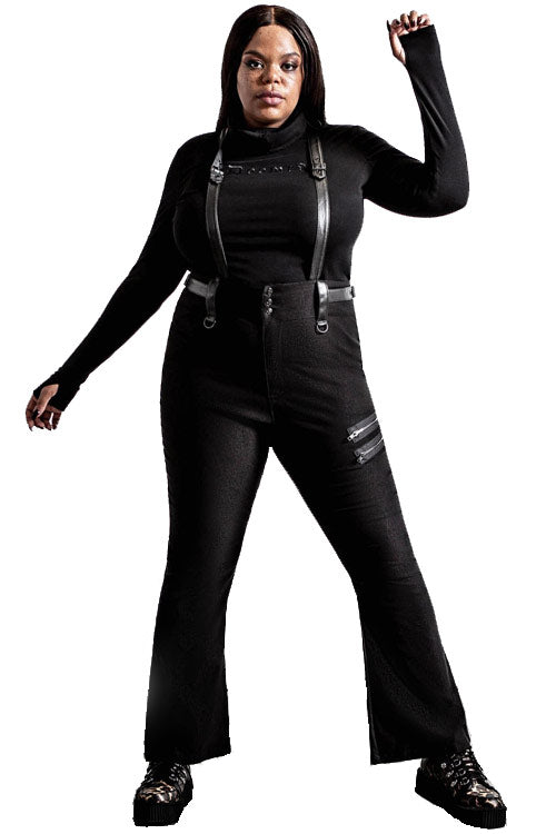 Killstar Prophet Of Doom Flared Suspender Trousers in Black