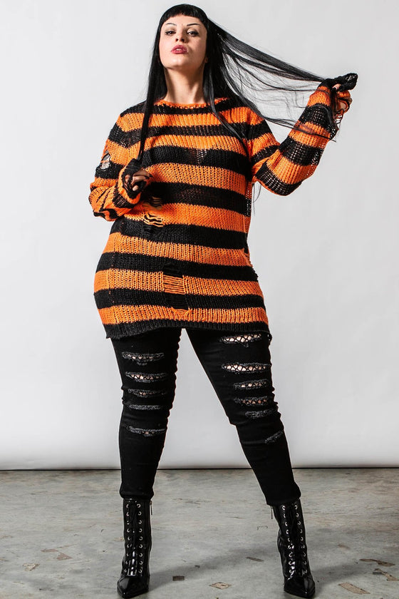 Killstar Pumpkin Punk Knit Jumper Black and Orange