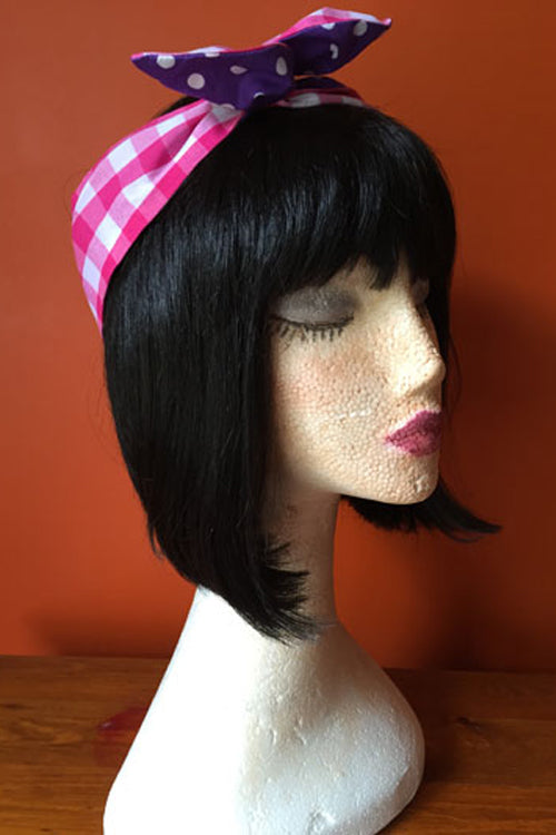 Reversible Wired Headband in Pink Gingham Print & Purple Polka Dot Print