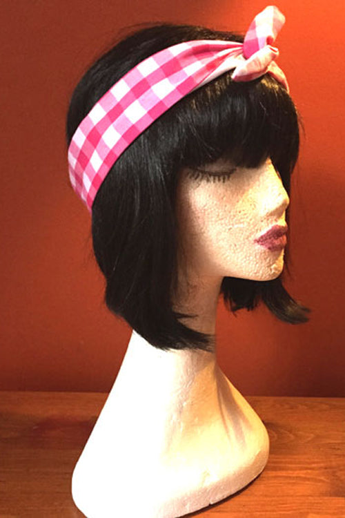 Reversible Wired Headband in Pink Gingham Print & White