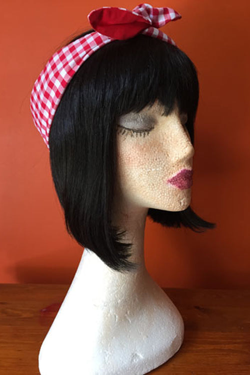 Reversible Wired Headband in Red Gingham Print & Red