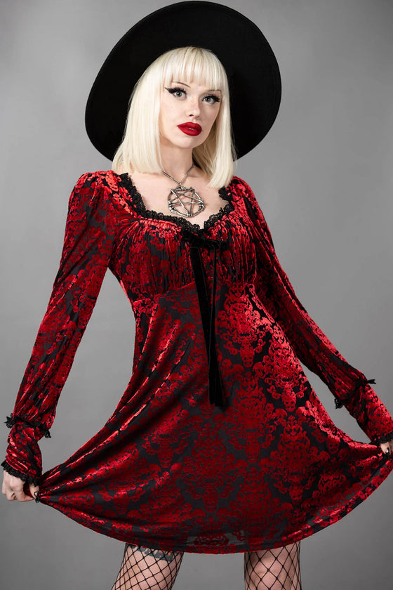 Killstar Sitri Long Sleeve Dress Red Embossed Velvet Lush