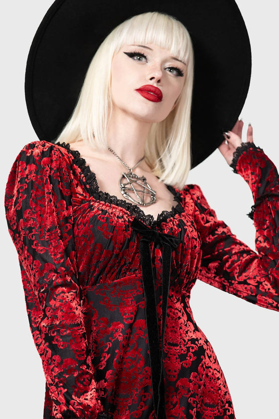 Killstar Sitri Long Sleeve Dress Red Embossed Velvet Lush