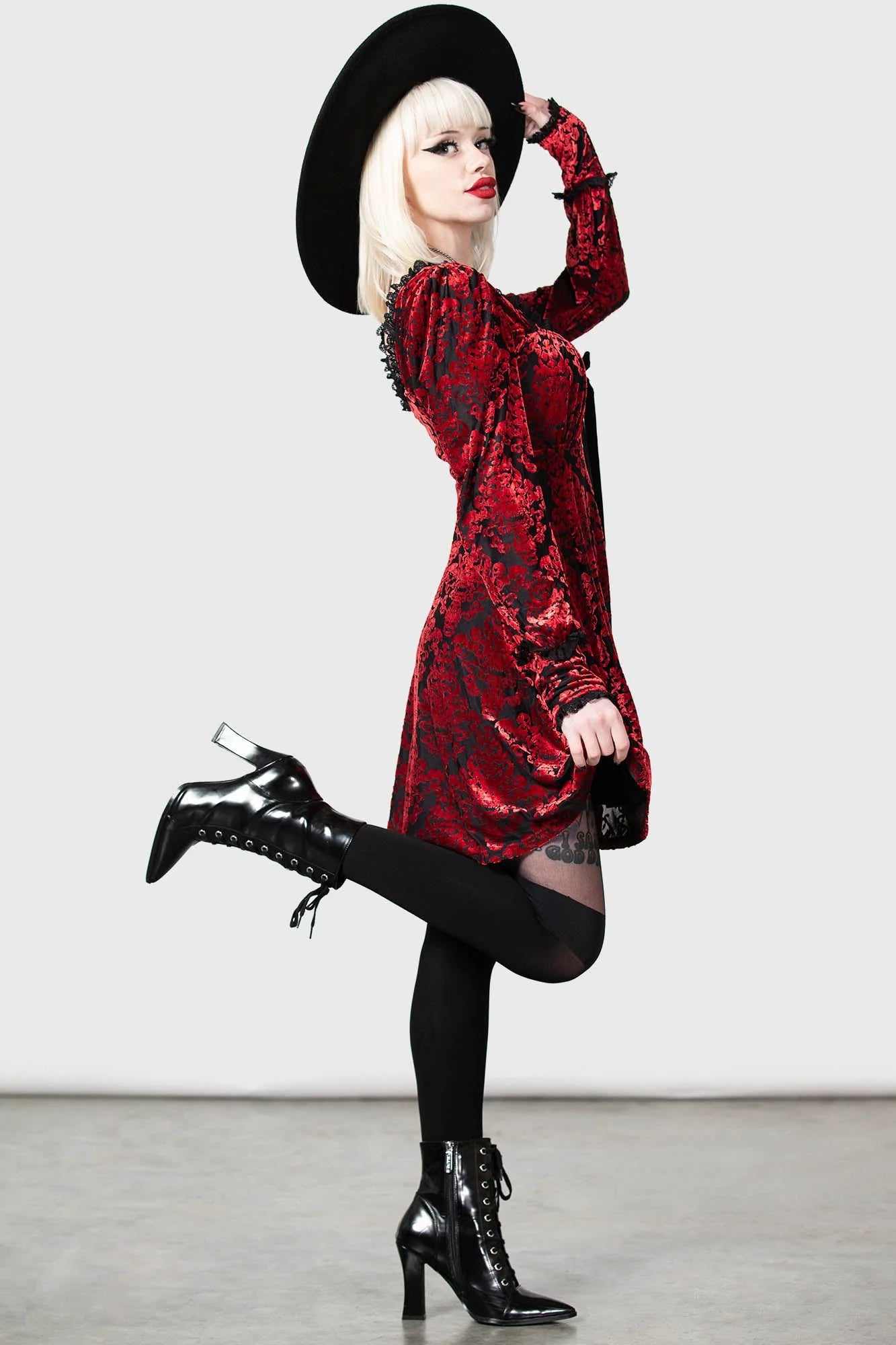 Killstar Sitri Long Sleeve Mini Dress Red Embossed Velvet Lush Kitty Deluxe Killstar Sitri Long Sleeve Mini Dress Red Embossed Velvet Lush Kitty Deluxe