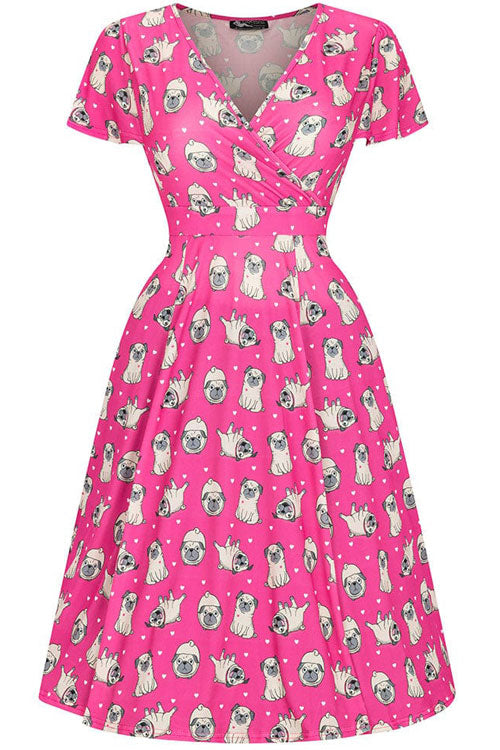 Lady Vintage Lyra Dress in Pugs & Kisses Pink