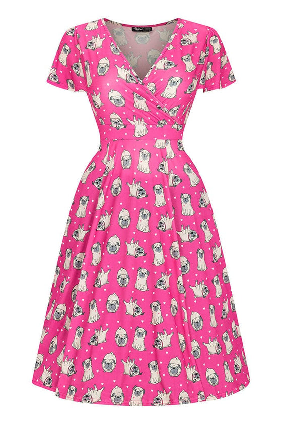 Lady Vintage Lyra Dress in Pugs & Kisses Pink