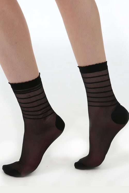 Pamela Mann Sheer Black Stripe Print Ankle Socks with Frill