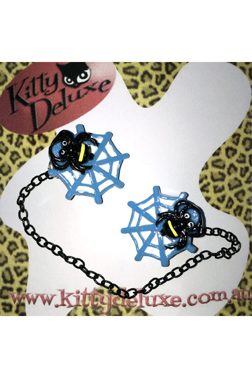 Kitty Deluxe Cardigan Clips in Blue Spider in Web Design