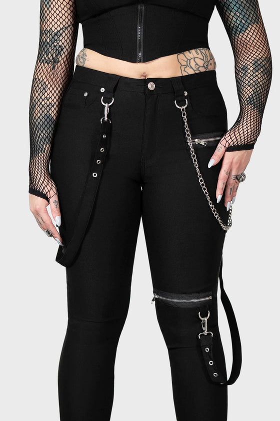 Killstar The Rave Skinny Trousers in Black with Zips and Bondage Straps
