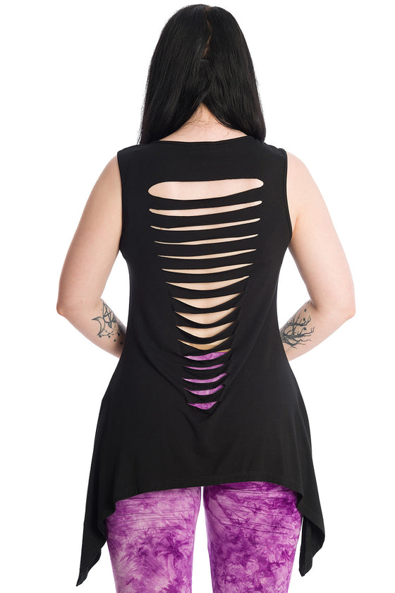 Banned Skeleton Wings Asymmetric Hem Top with Back Cut Outs Ouija Skulls Butterfly