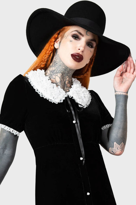 Killstar Trick N'Treat Dress in Black Velvet with Lace Collar