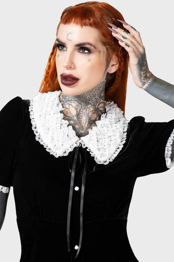 Killstar Trick N'Treat Dress in Black Velvet with Lace Collar