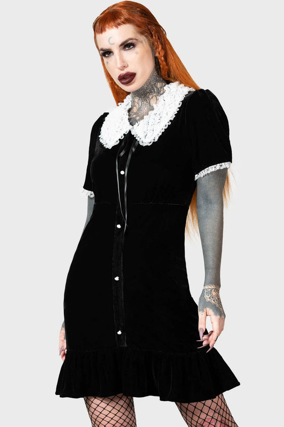 Killstar Trick N'Treat Dress in Black Velvet with Lace Collar