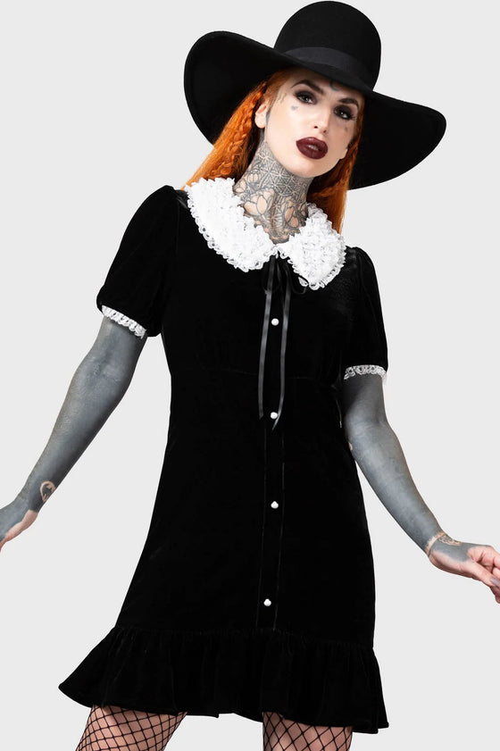 Killstar Trick N'Treat Dress in Black Velvet with Lace Collar