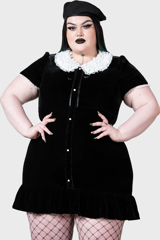 Killstar Trick N'Treat Dress in Black Velvet with Lace Collar