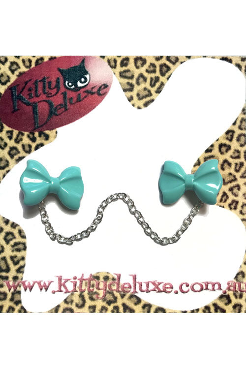 Kitty Deluxe Cardigan Clips in Plain Teal Bow Design
