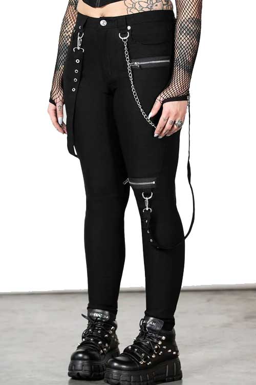 Killstar The Rave Skinny Trousers in Black with Zips and Bondage Straps