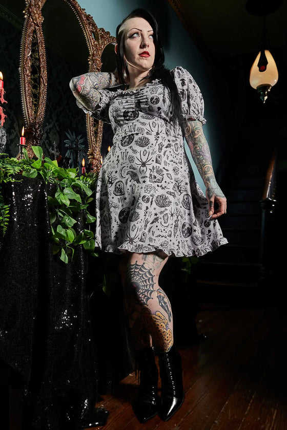 Sourpuss Betsy Dress in Night Walker Print Grey