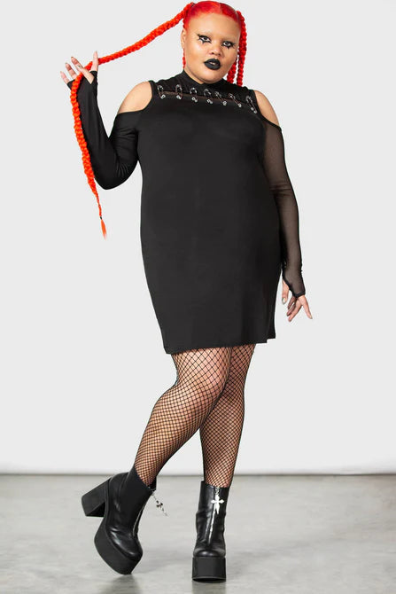 Killstar Zazzel Long Sleeve Dress with Safety Pins and Mesh Bodycon Kitty Deluxe