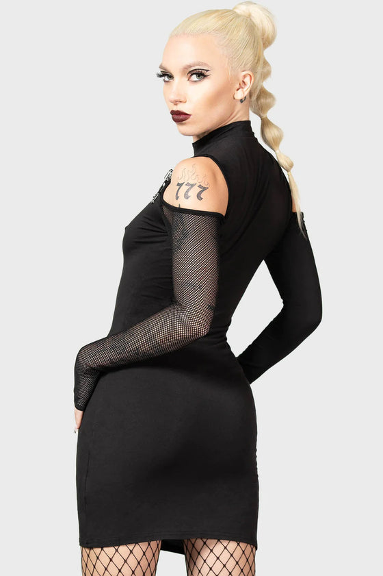 Killstar Zazzel Long Sleeve Dress with Safety Pins and Mesh Bodycon