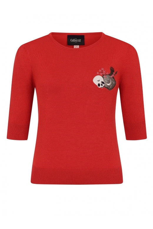 Collectif Chrissie Witches Garden Knit Top Jumper in Red