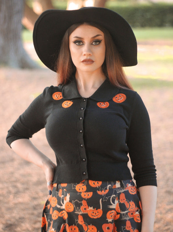 Collectif Halette Black Cardigan with Pumpkin Embroidery