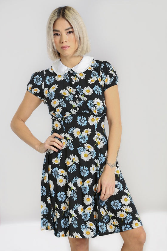 Hell Bunny Daisy Mini Dress Floral Black with Detailed Collar