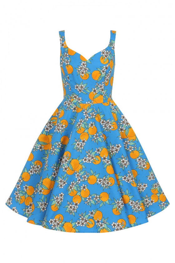 Hell Bunny Valencia 50's Dress Orange Print on Blue