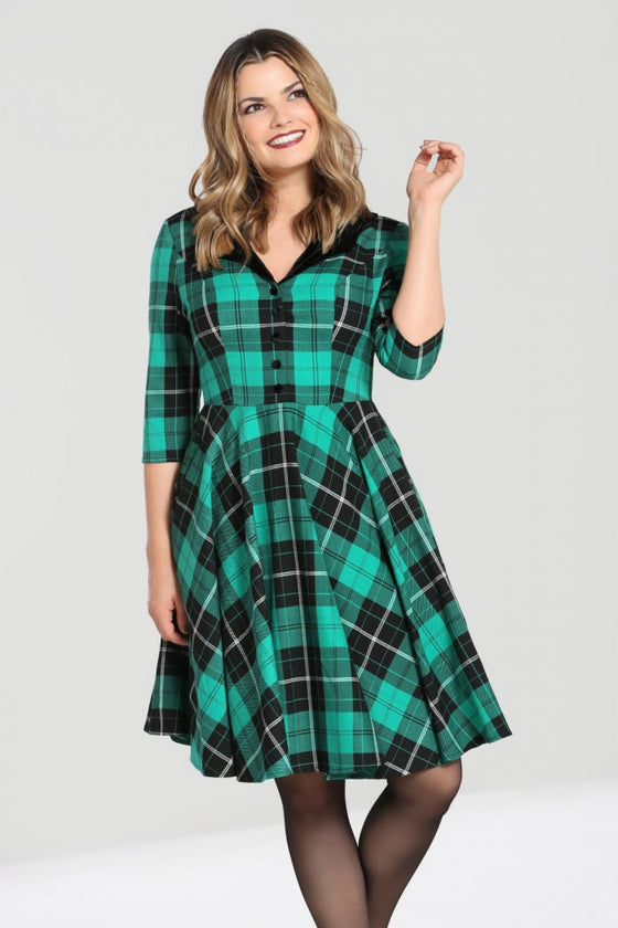 Hell Bunny Beryl Mid Dress 3/4 Sleeves Black and Green Tartan