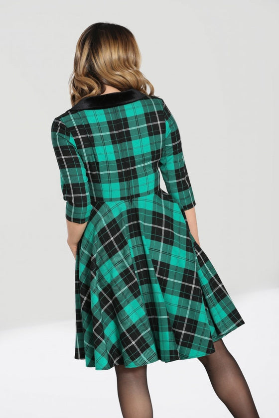 Hell Bunny Beryl Mid Dress 3/4 Sleeves Black and Green Tartan