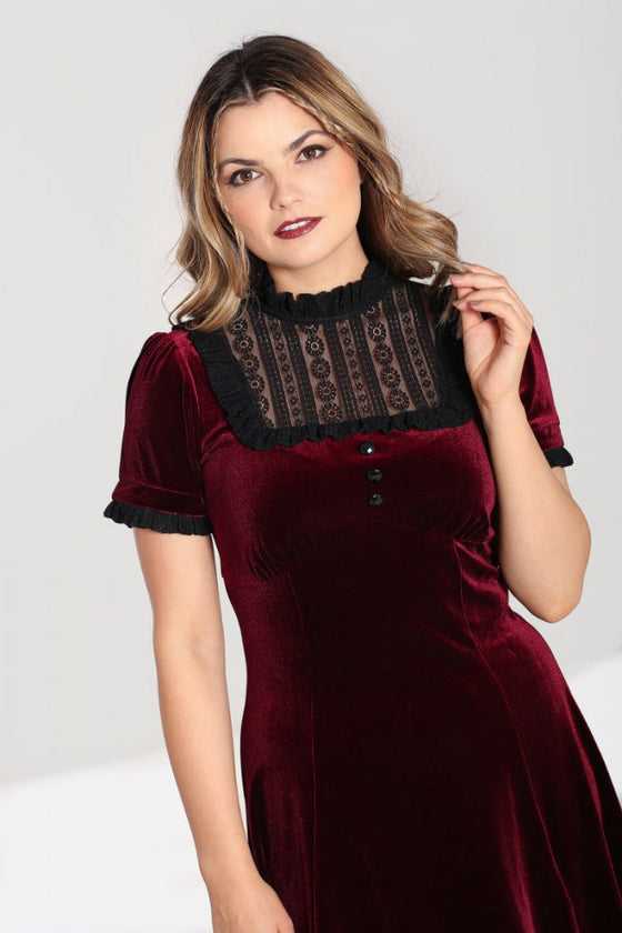 Hell Bunny Caroline Dress Burgundy Velvet with Statement Lace Yolk