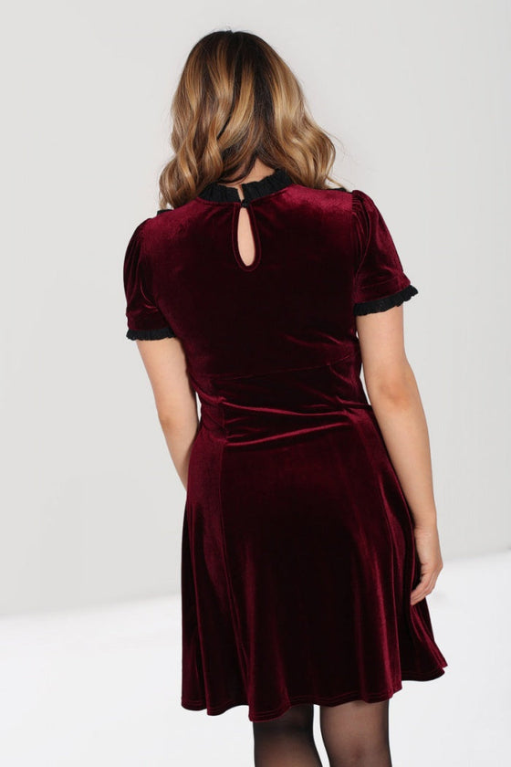 Hell Bunny Caroline Dress Burgundy Velvet with Statement Lace Yolk