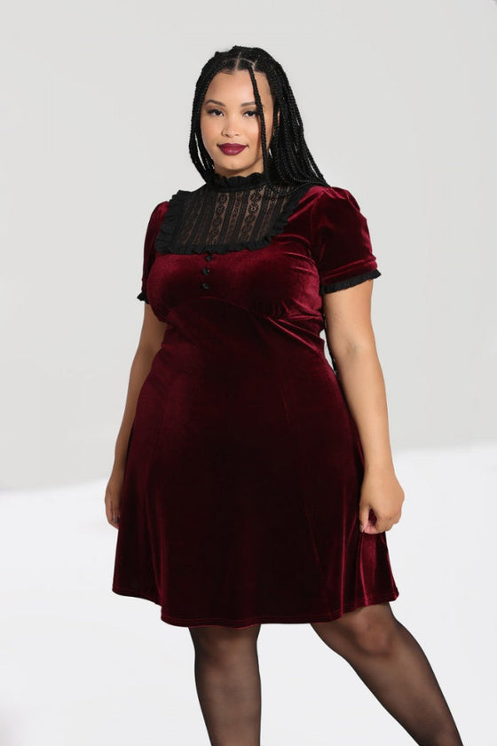 Hell Bunny Caroline Dress Burgundy Velvet with Statement Lace Yolk