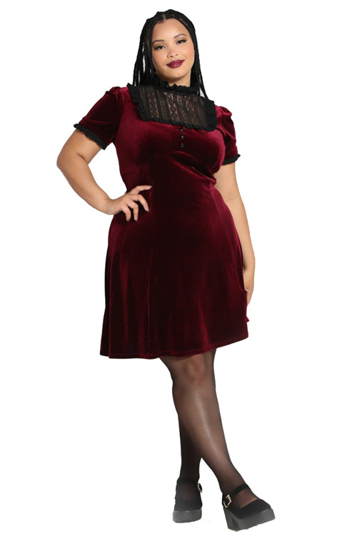 Hell Bunny Caroline Dress Burgundy Velvet with Statement Lace Yolk