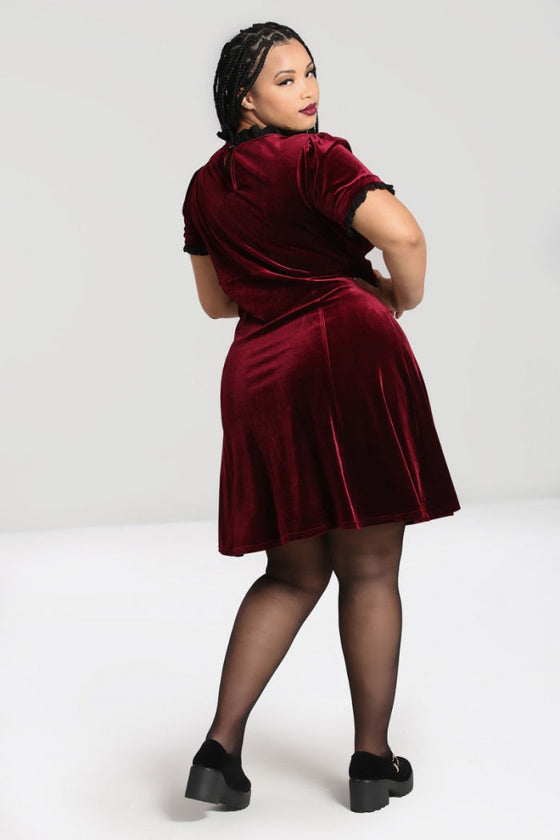 Hell Bunny Caroline Dress Burgundy Velvet with Statement Lace Yolk