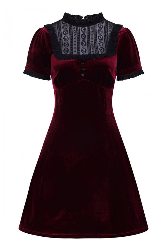 Hell Bunny Caroline Dress Burgundy Velvet with Statement Lace Yolk
