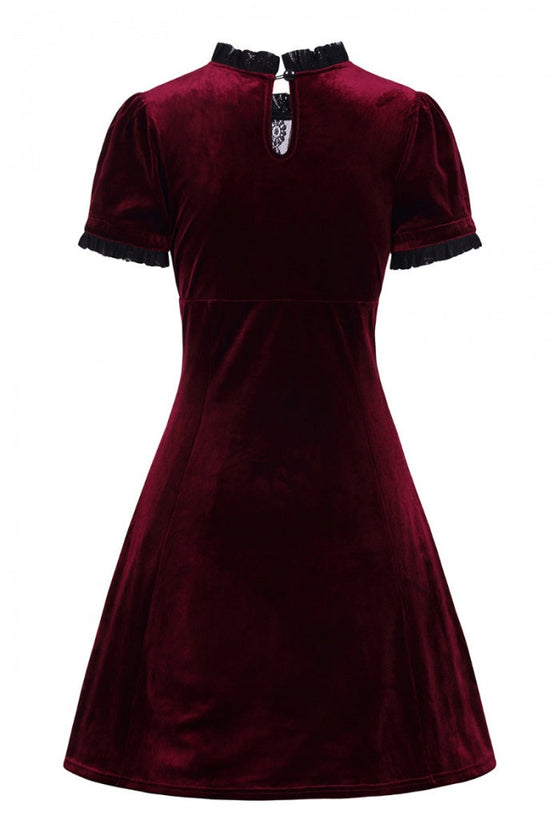 Hell Bunny Caroline Dress Burgundy Velvet with Statement Lace Yolk