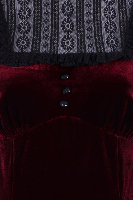 Hell Bunny Caroline Dress Burgundy Velvet with Statement Lace Yolk