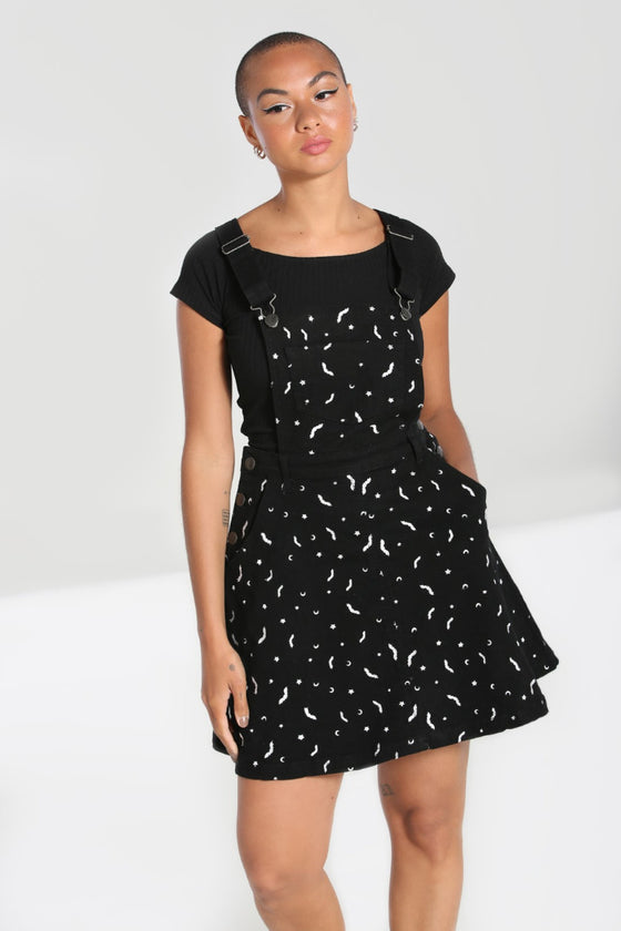 Hell Bunny Bat Pinafore Dress in Black Embroidered Pattern