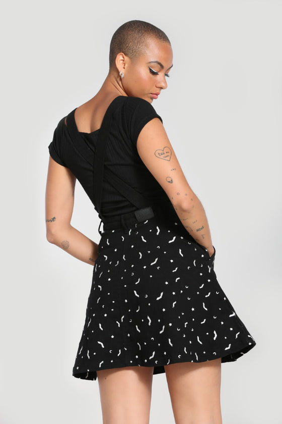 Hell Bunny Bat Pinafore Dress in Black Embroidered Pattern