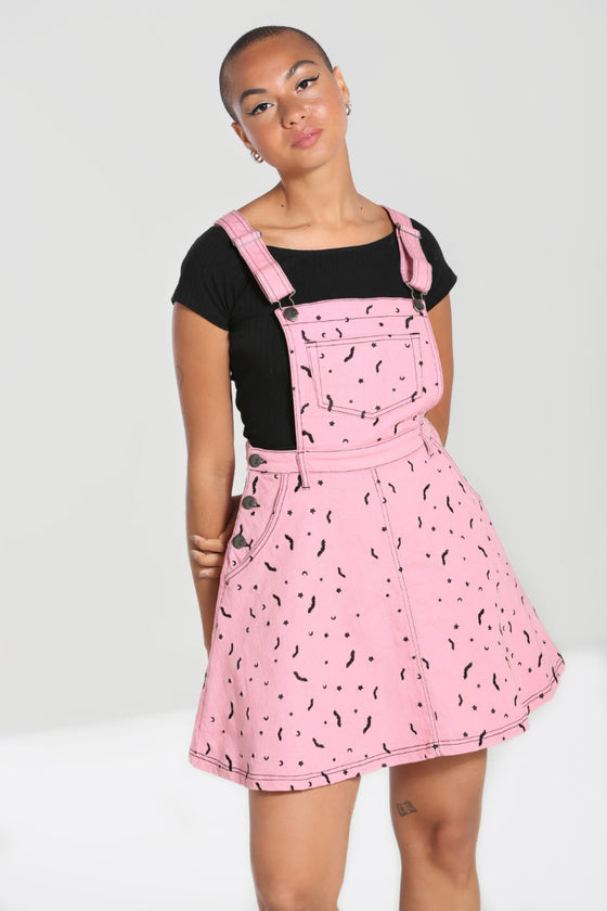 Hell Bunny Bat Pinafore Knee Flare Dress in Pink Embroidered Pattern Kitty Deluxe Hell Bunny Bat Pinafore Knee Flare Dress in Pink Embroidered Pattern Kitty Deluxe