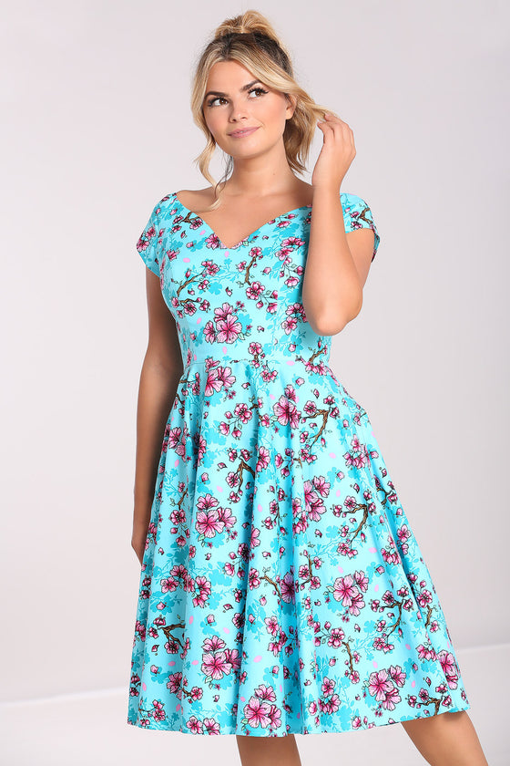 Hell Bunny Louella Dress Aqua Cherry Blossom Floral