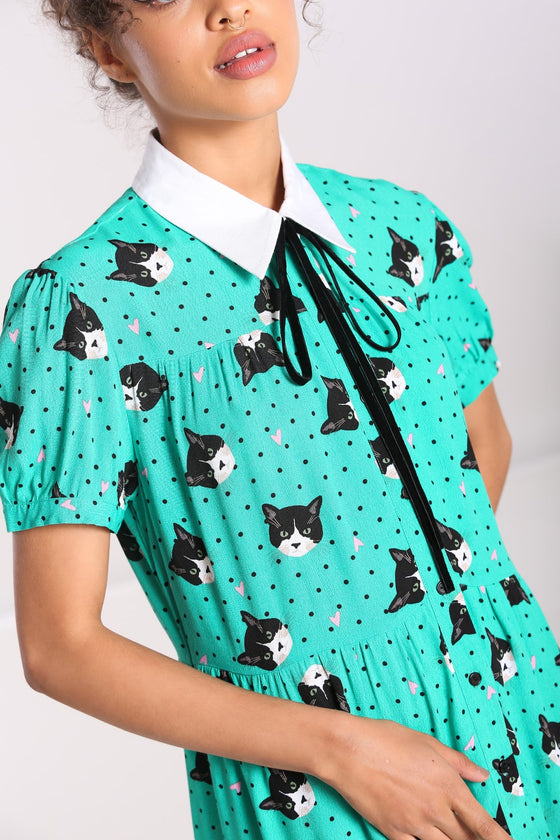 Hell Bunny Love Cats Mini Dress Green Cat Print