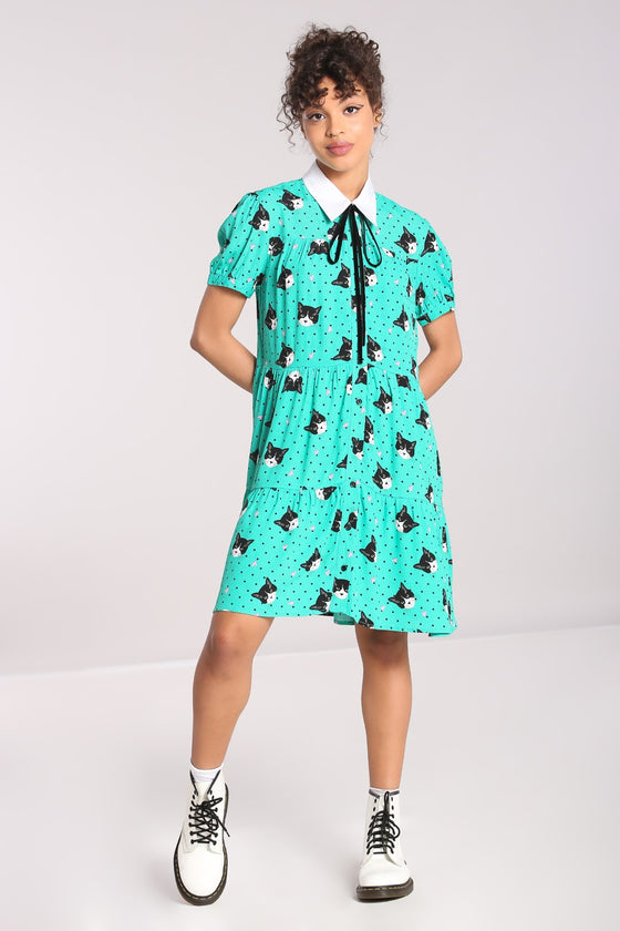 Hell Bunny Love Cats Mini Dress Green Cat Print