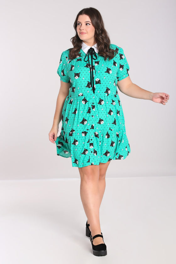 Hell Bunny Love Cats Mini Dress Green Cat Print