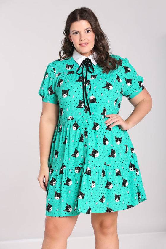 Hell Bunny Love Cats Mini Dress Green Cat Print